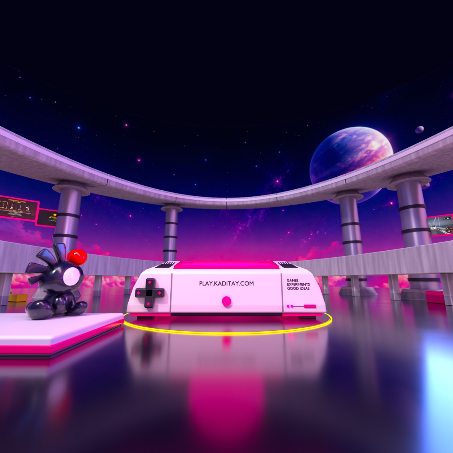 A console on a glowing floor in a concrete arena at dusk, with a mascot on a block.